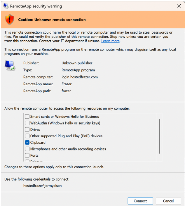 Frazer Hosted - RemoteApp Security warning_KB Media